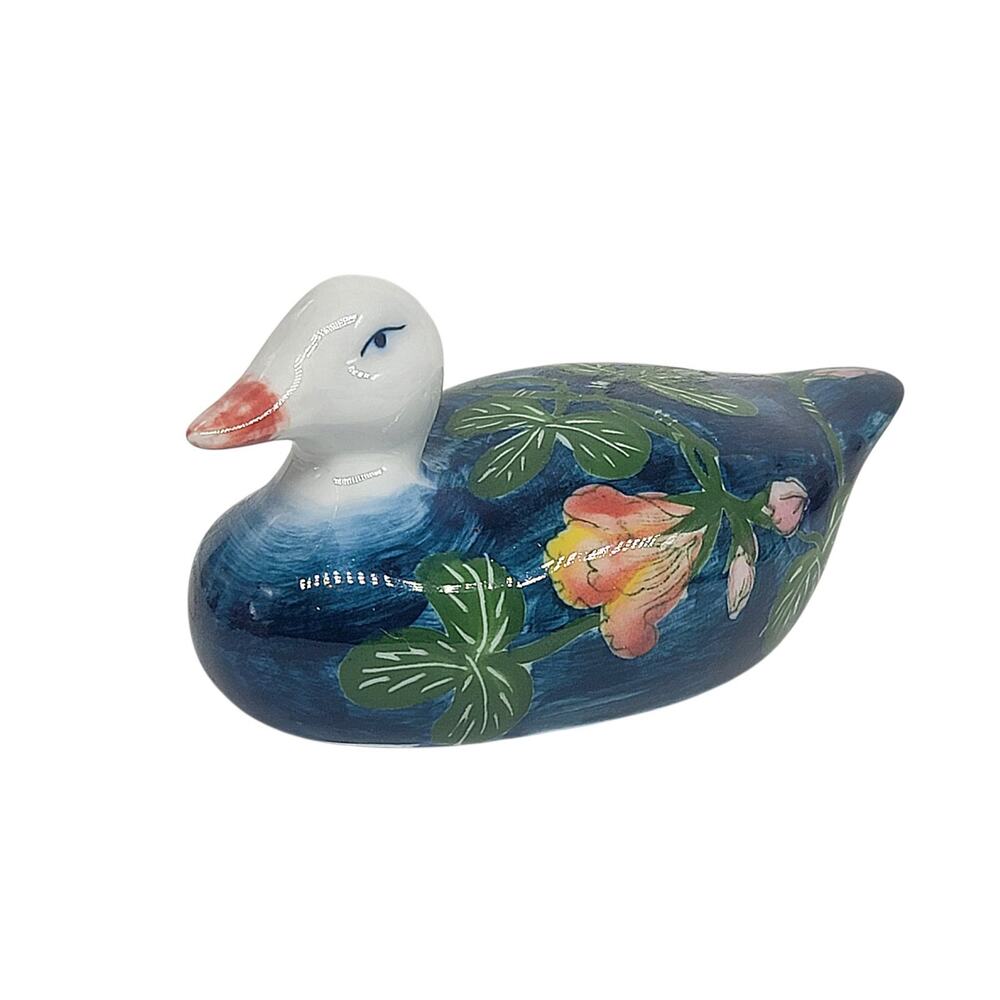 Vtg Ceramic Sinclair Larvik Hand Painted Duck Figurine Floral 5.25"x2.5" CL7